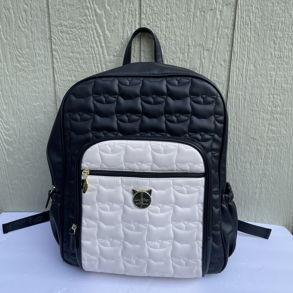 Betsey Johnson Backpack Womens Large Quilted Cat Face Black White Gold Animal